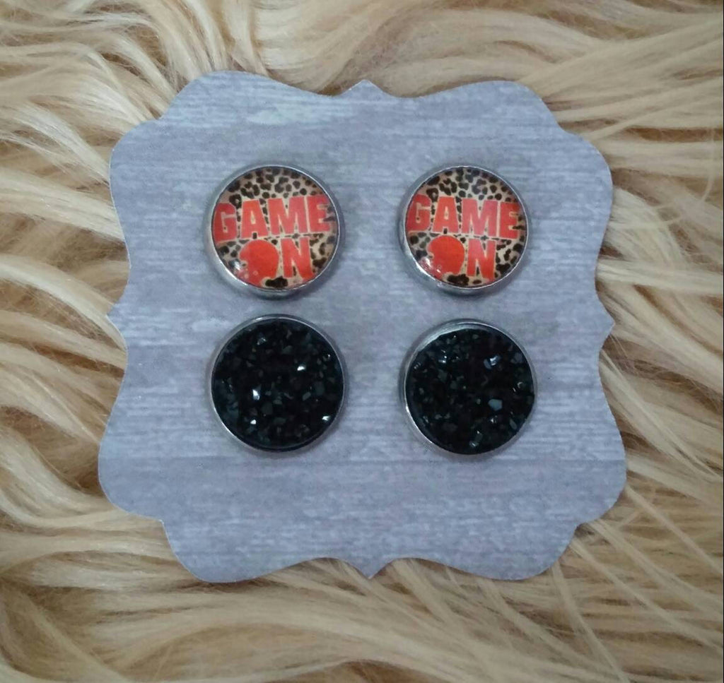 Leopard Print Game On Football Helmet and Black Druzy Stainless Steel Hypoallergenic Stud Earrings