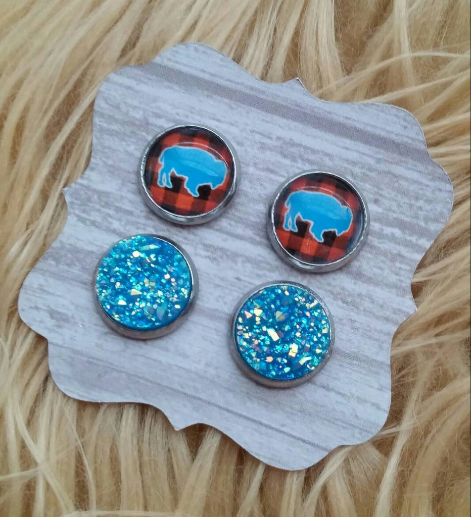 OKC Thunder Orange Plaid and Blue Buffalo & Blue Druzy Stainless Steel Hypoallergenic Stud Earrings