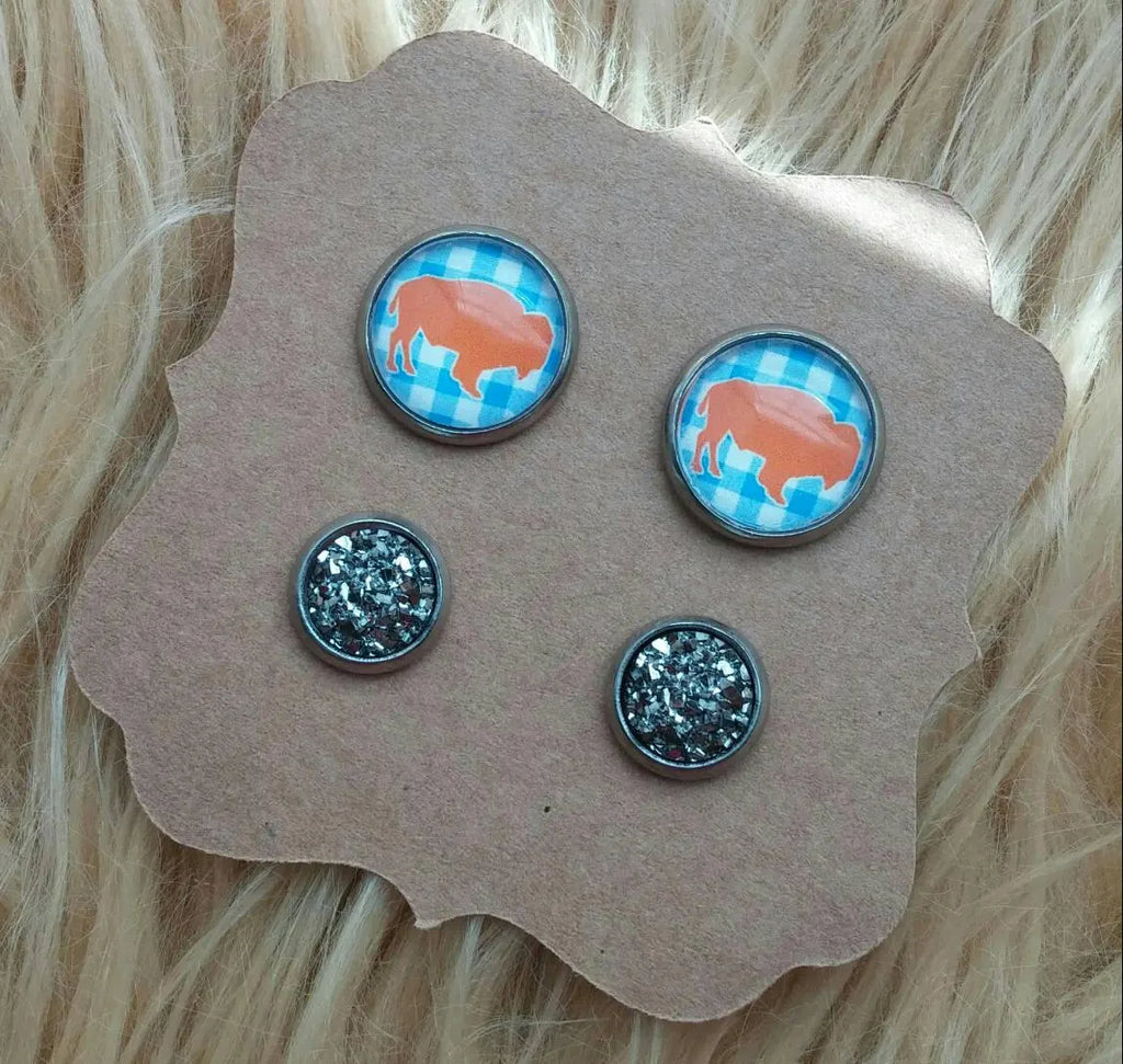 OKC Thunder Light Blue Plaid and Orange Buffalo & Smokey Gray Druzy Stainless Steel Hypoallergenic Earrings