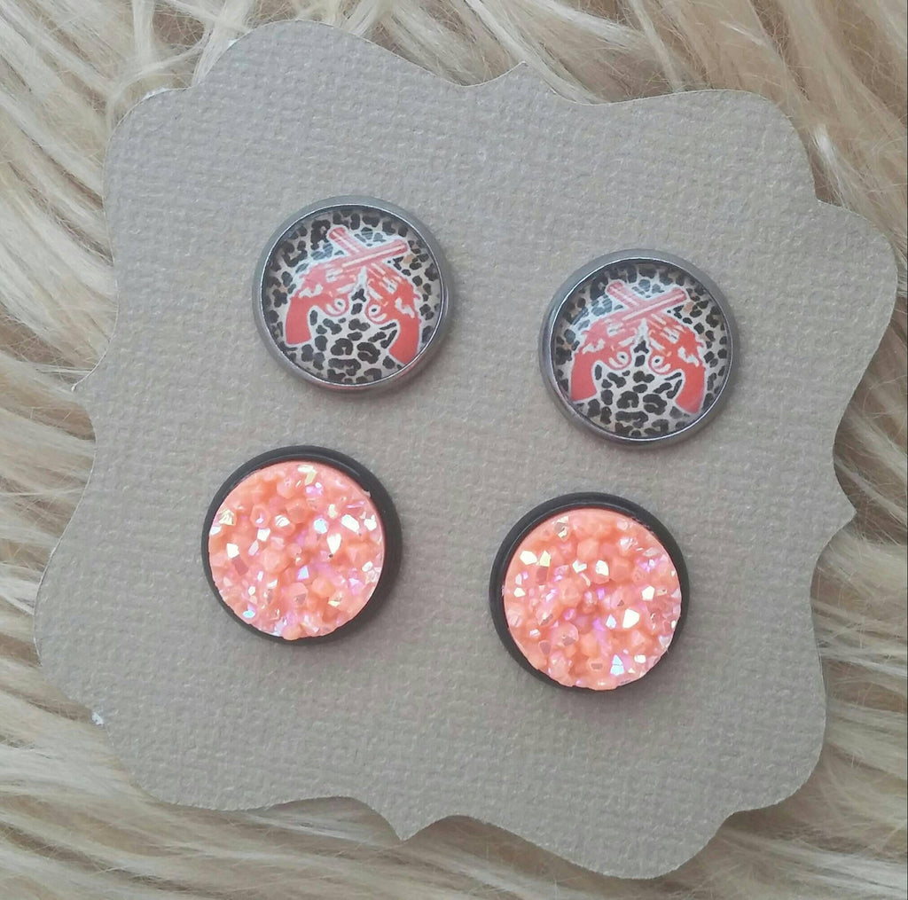 Orange & Leopard Print Pistols and Bright Orange Druzy Stainless Steel Hypoallergenic Stud Earrings