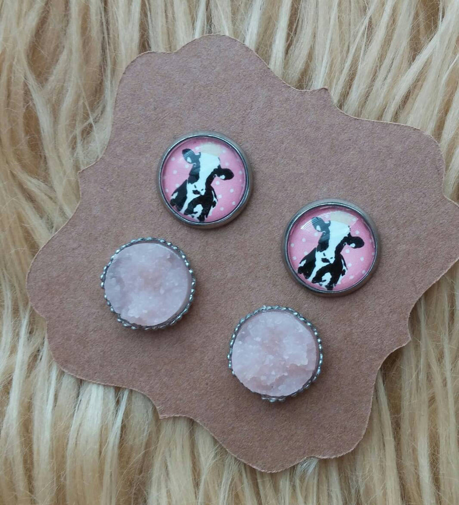 Cow Heifer with Gold Crown and Pale Light Pink Ornate Stainless Steel Hypoallergenic Stud