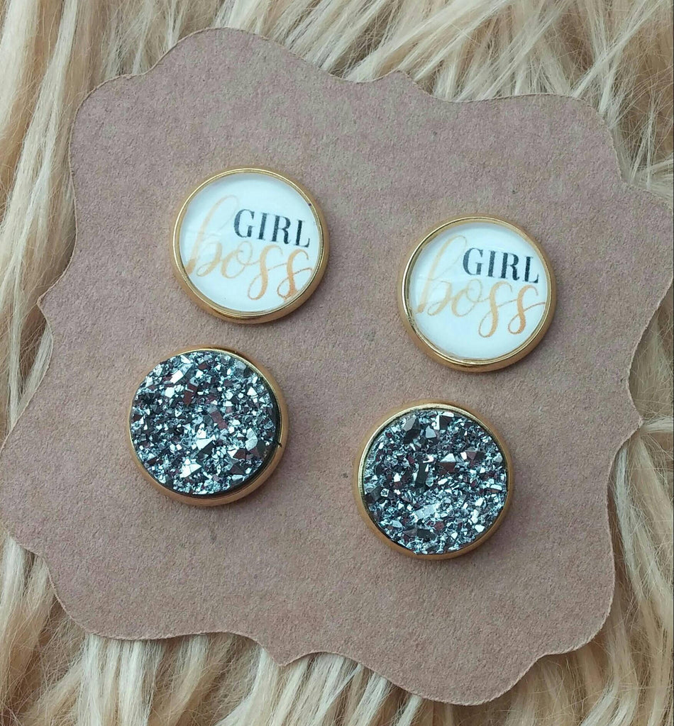 Gold Girl Boss Entrepreneur and Dark Smokey Gray Faux Druzy Gold Earring Stud