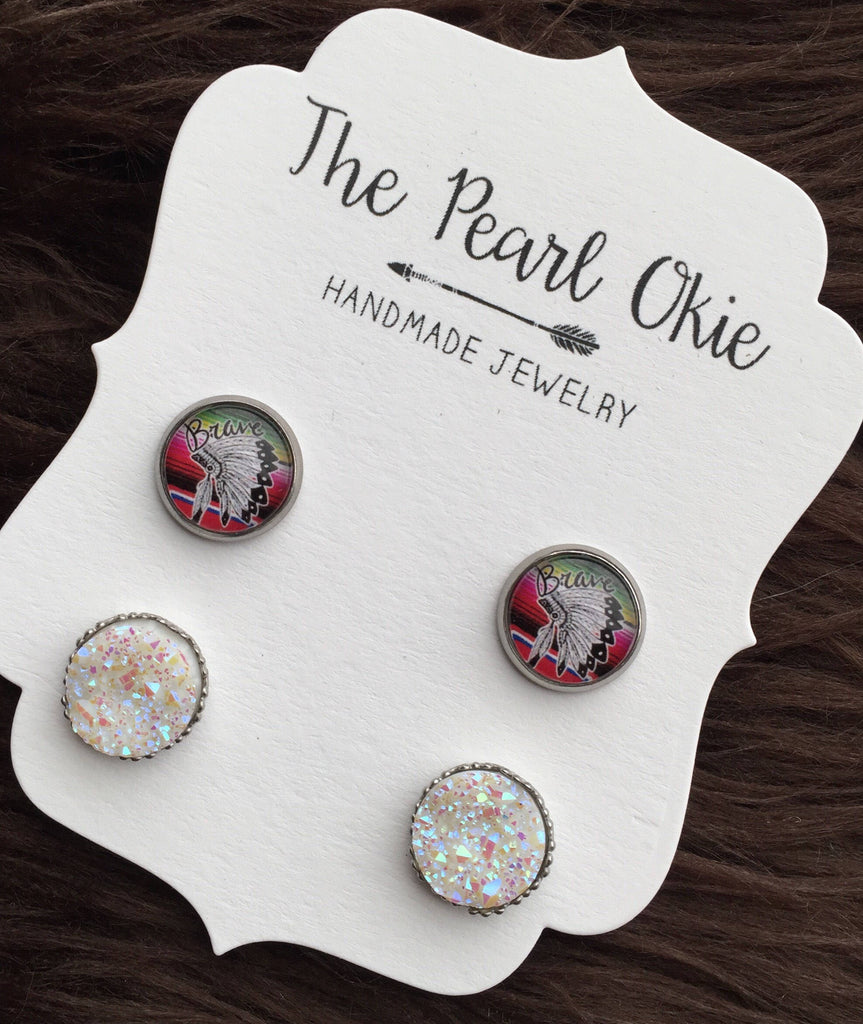 Serape Headdress & White Iridescent Ornate Druzy Stainless Steel Hypoallergenic Stud Shimmer and Sparkle Earrings