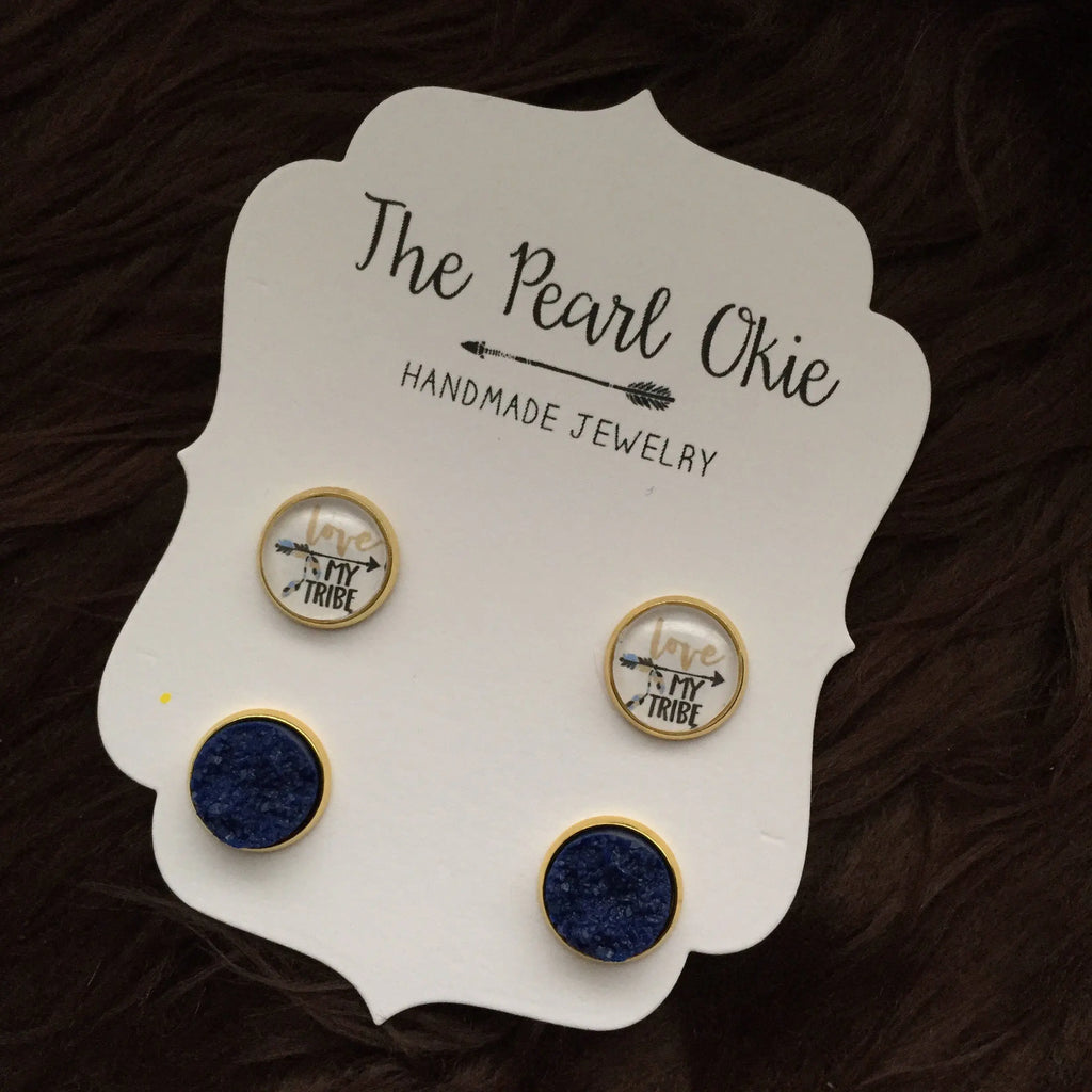 Love My Tribe Arrow & Navy Blue Faux Druzy Gold Earring Stud