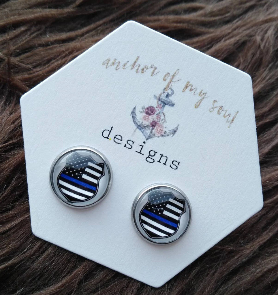 Thin Blue Line Badge Stainless Steel Hypoallergenic Earrings
