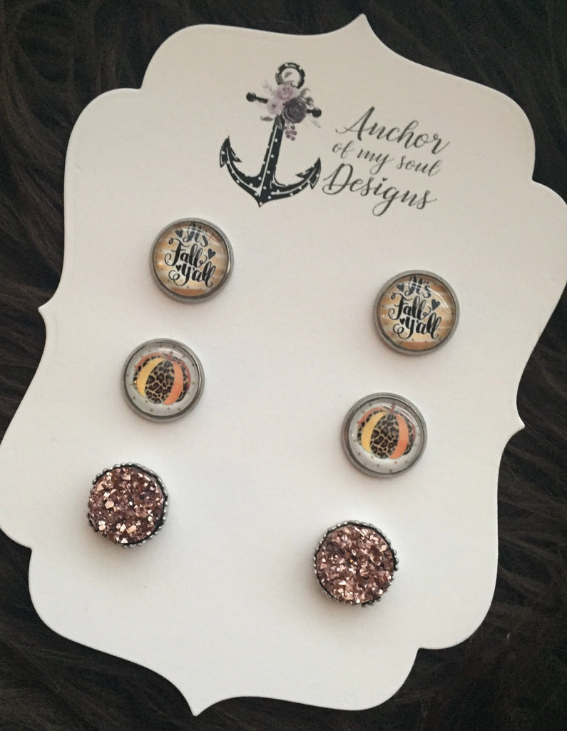 It's Fall Y'all, Leopard Pumpkin & Rose Gold Faux Druzy Hypoallergenic Earring Stud