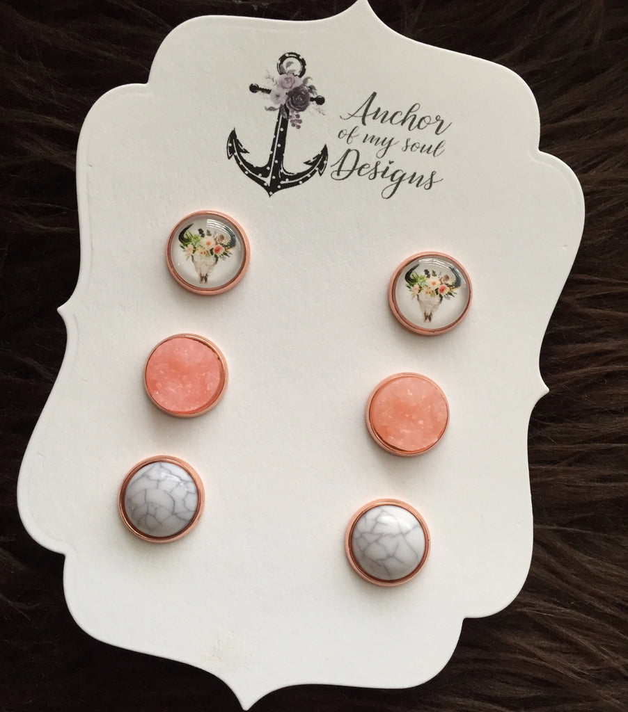 Boho Rustic Bull Skull with Flowers & Light Pink Rose Gold Earring Stud Trio