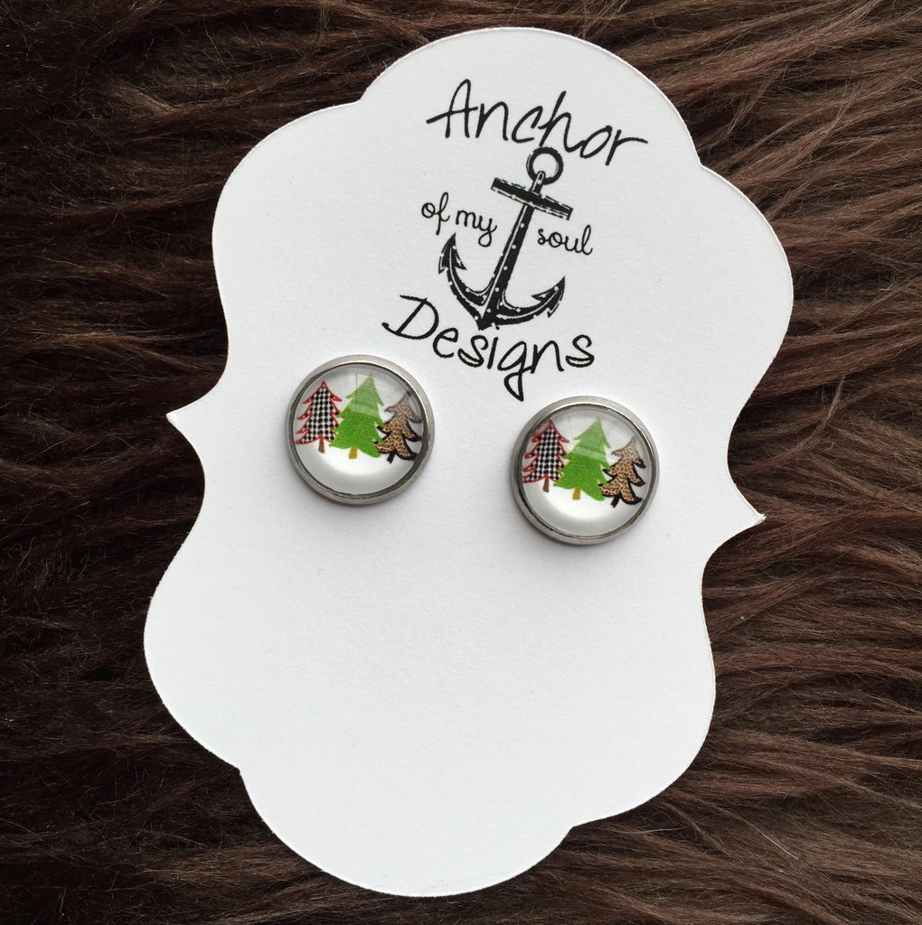 Leopard Print and Plaid Christmas Tree Stainless Steel Hypoallergenic Stud Earrings