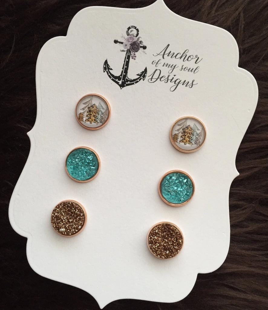 Leopard Christmas Tree, Mint, and Bronze Faux Druzy Earring Stud Set, Trio