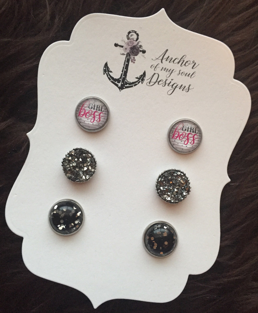 Girl Boss, Entrepreneur,Dark Smokey Gray Faux Druzy & Black Glitter Earring Stud Set