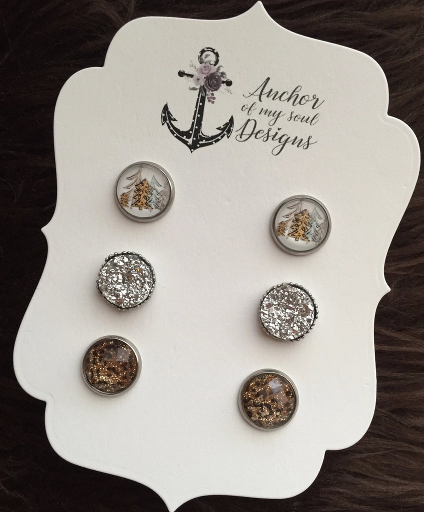 Leopard Christmas Tree, Silver Faux Druzy, and Leopard Stone Earring Stud Set, Trio