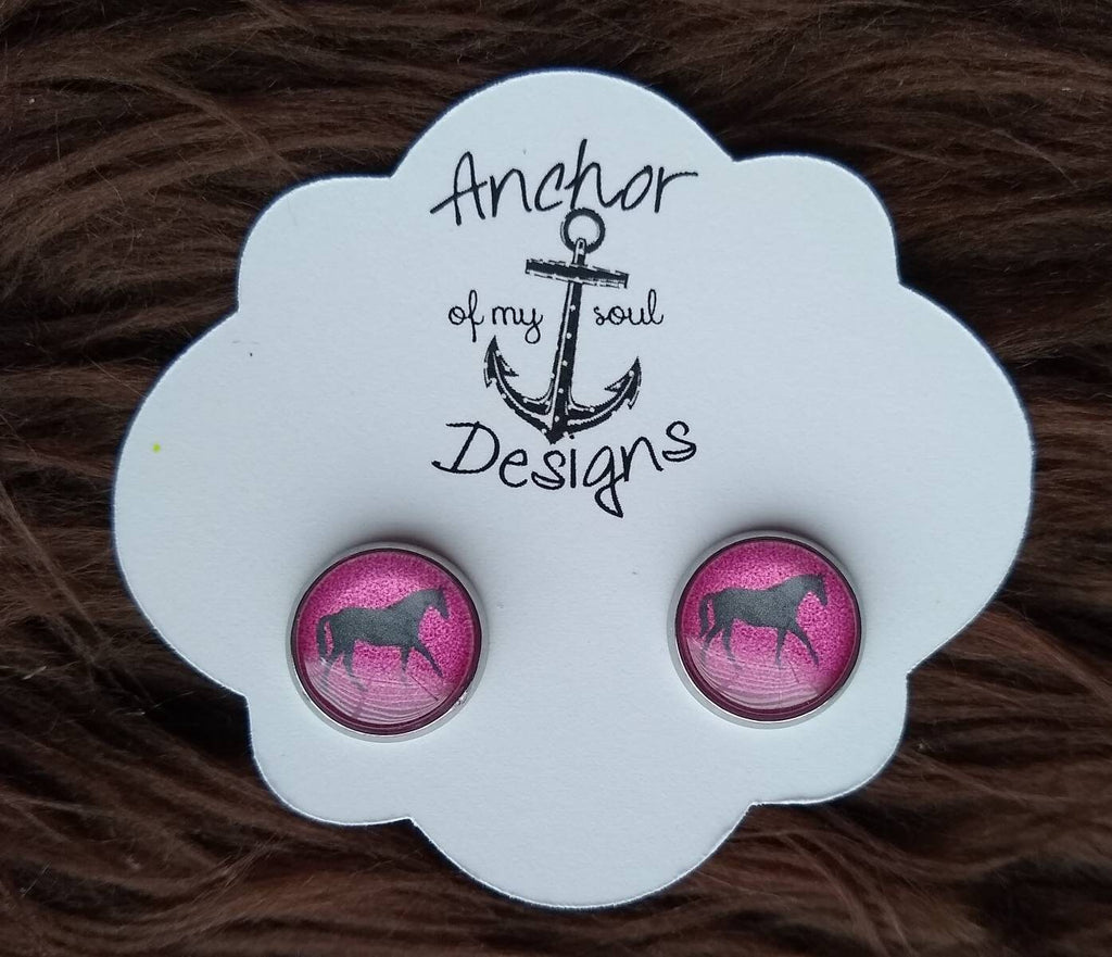 Hot Pink Glitter Horse Stainless Steel Hypoallergenic Stud