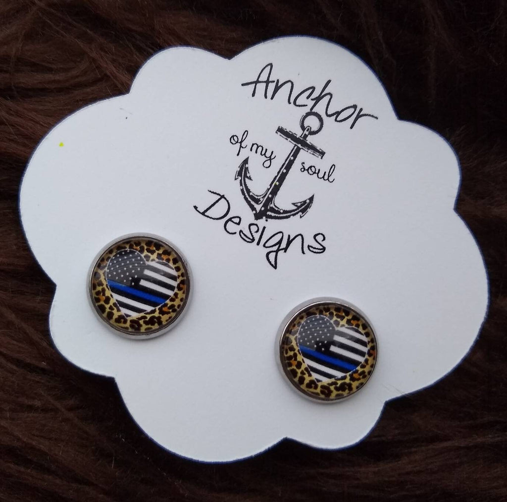 Thin Blue Line Leopard Heart Stainless Steel Hypoallergenic Earrings