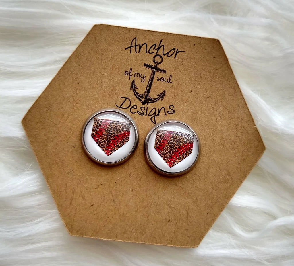 Leopard Print, Home Plate, Baseball Earring Stud Set