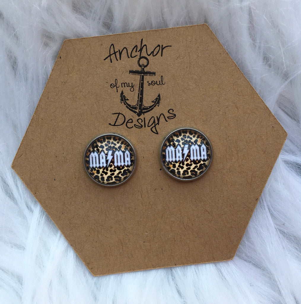 Leopard Print MAMA Rock n’ Roll Stainless Steel Hypoallergenic Stud