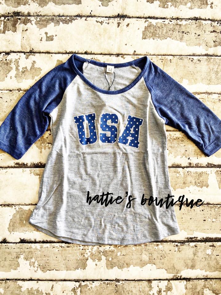 USA on Girls' Grey & Blue Raglan