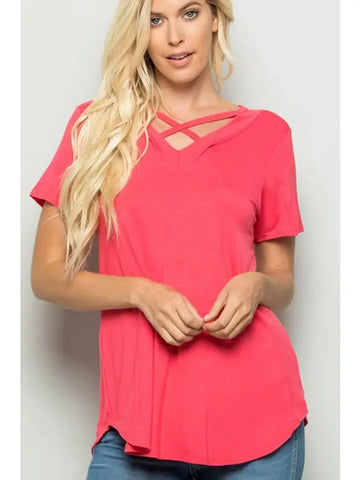 Crisscross Neck Solid Top, Coral