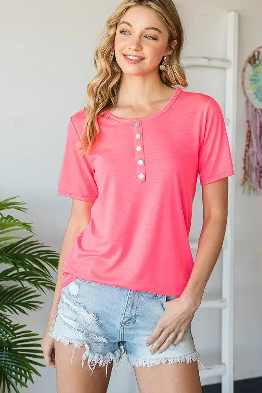 Solid Top With Front Button, Neon Pink