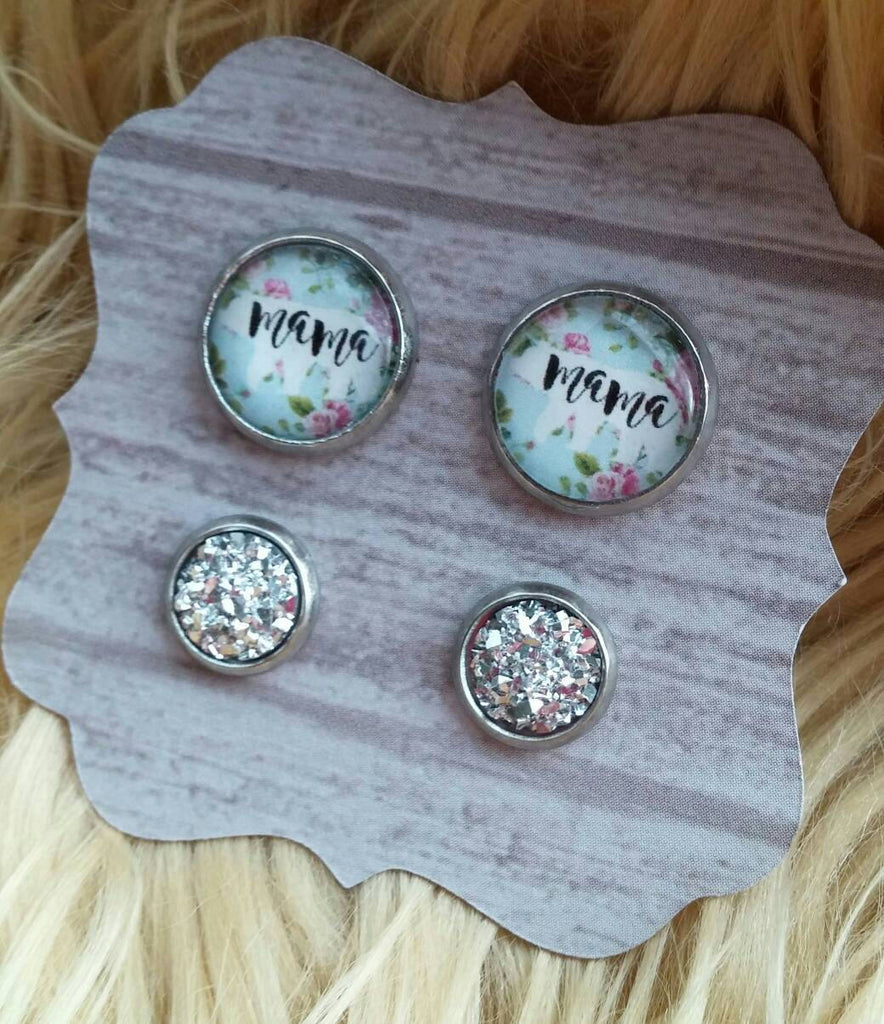 Floral Mama Bear and 8mm Silver Faux Druzy Stainless Steel Hypoallergenic Stud Shimmer and Sparkle Earrings