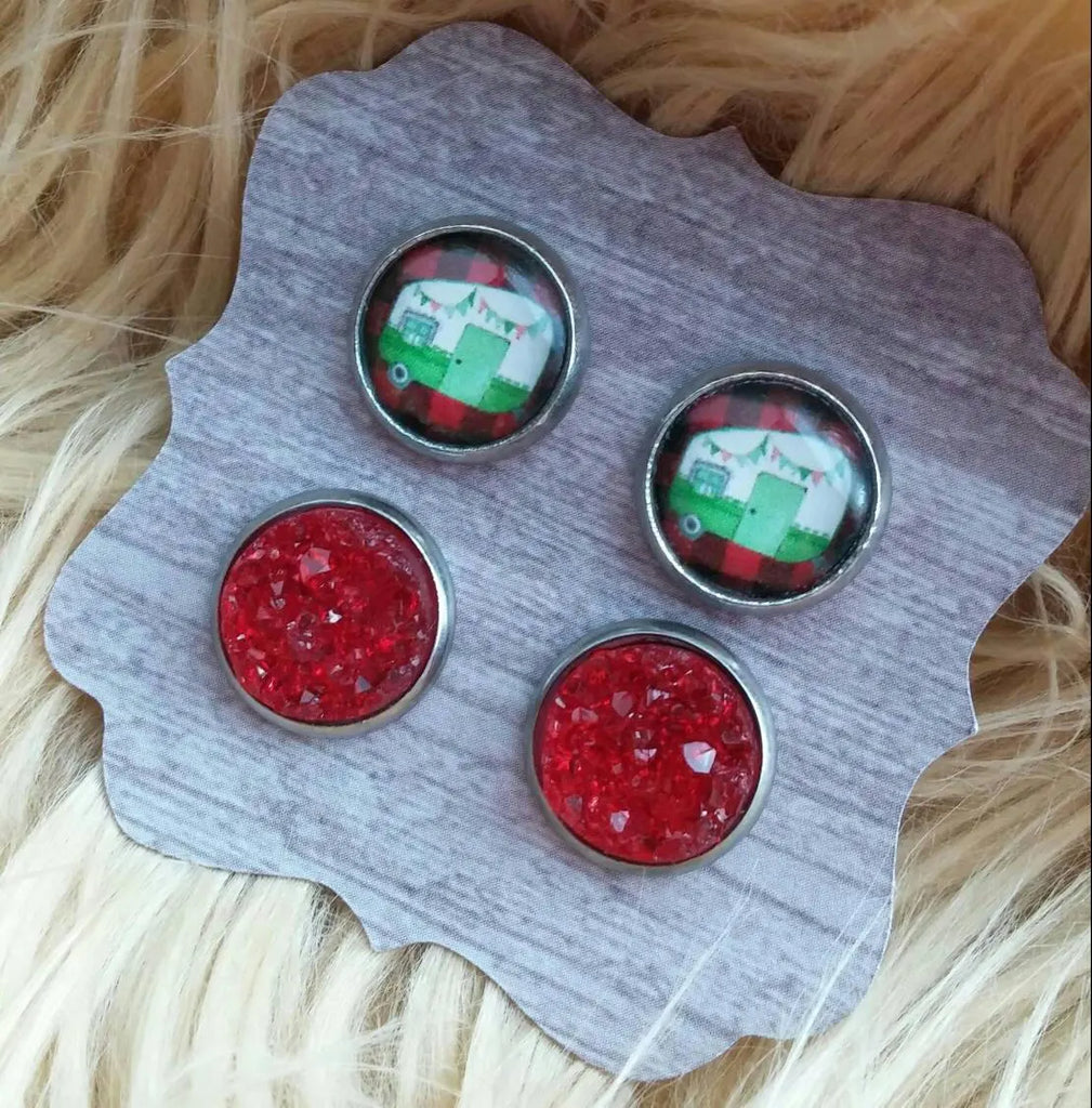 Red and Green Watercolor Christmas Camper and Red Faux Druzy Stainless Steel Hypoallergenic Stud Earrings