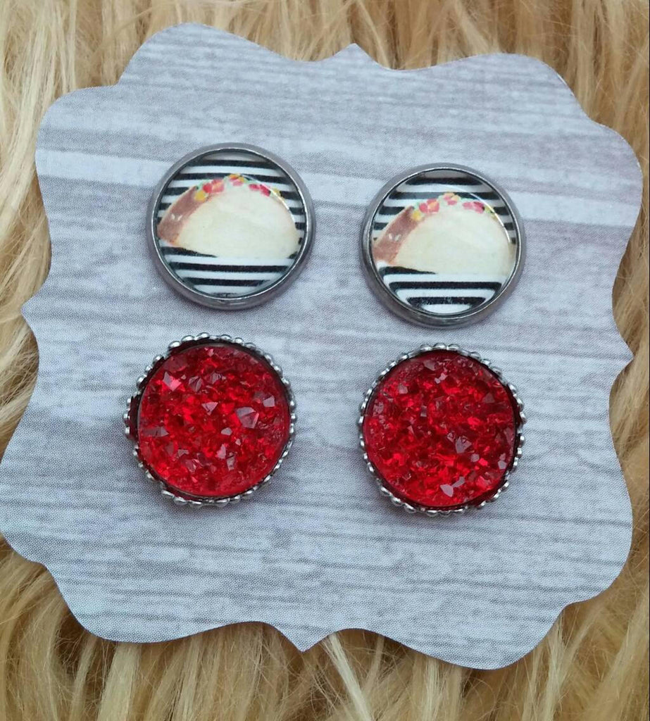 Taco & Black and White Stripe and Red Faux Druzy Stainless Steel Hypoallergenic Stud Shimmer and Sparkle Earrings