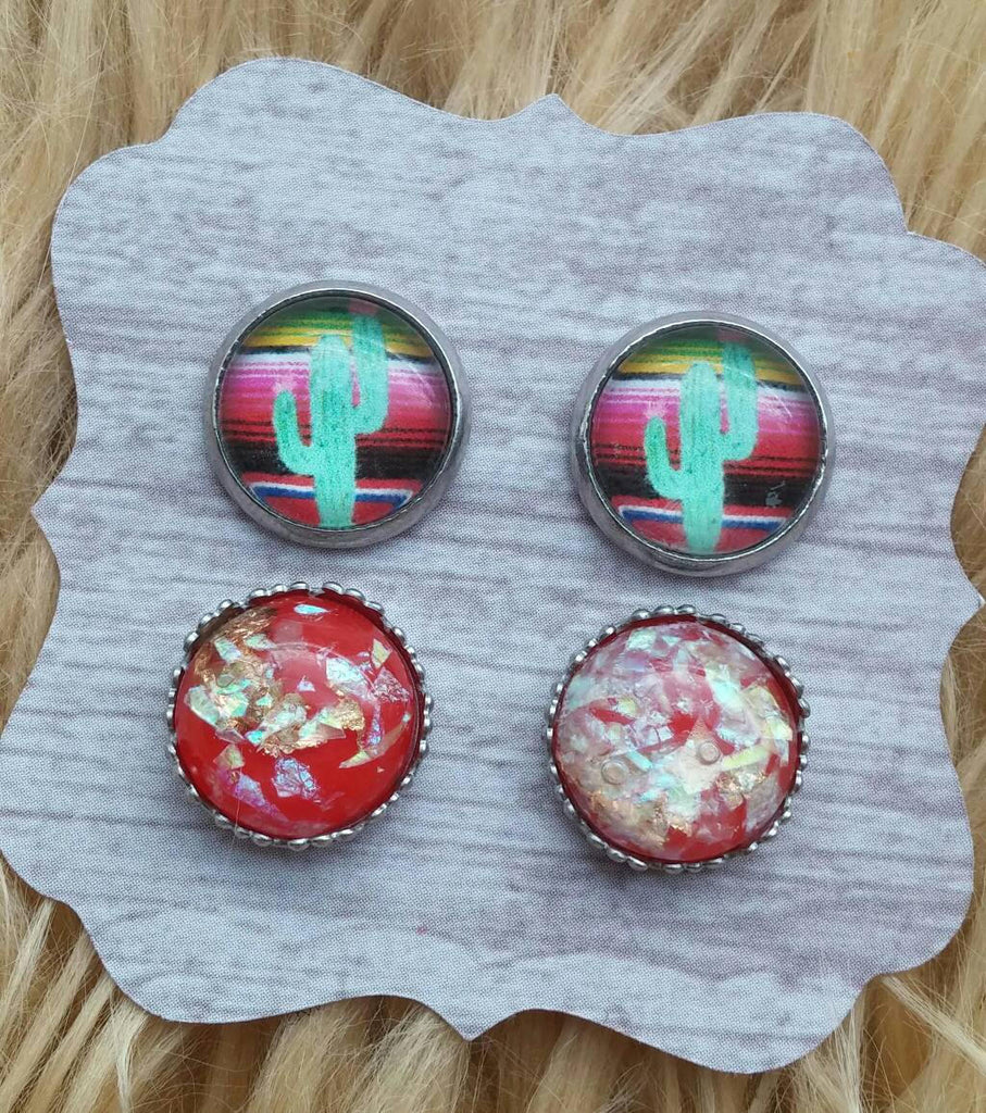 Serape Cactus and Red Gold Glitter Flake Stainless Steel Hypoallergenic Stud Shimmer and Sparkle Earrings