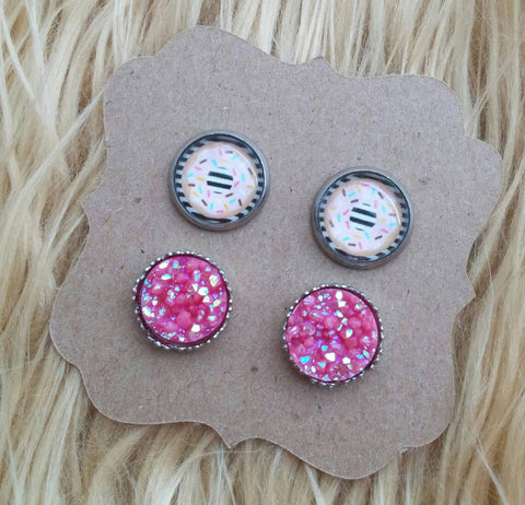 Pink Sprinkle Donut and Pink Iridescent Faux Druzy Stainless Steel Hypoallergenic Stud Earrings