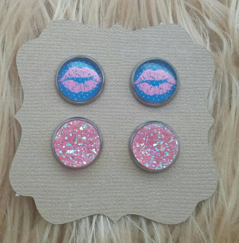 Blue Polka Dot & Pink Lips and Pink Iridescent Druzy Stainless Steel Hypoallergenic Stud