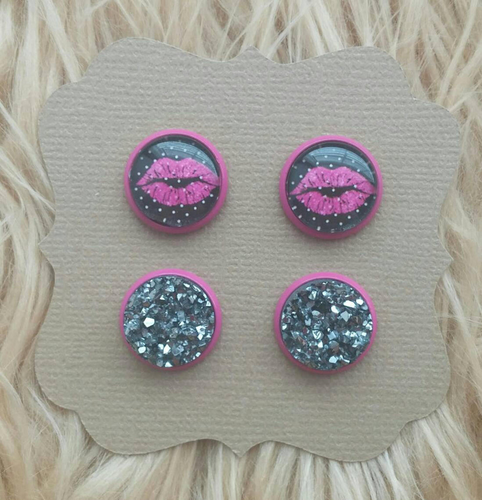 Black and White Polka Dot & Hot Pink Lips and Smokey Gray Faux Druzy Hypoallergenic Stud