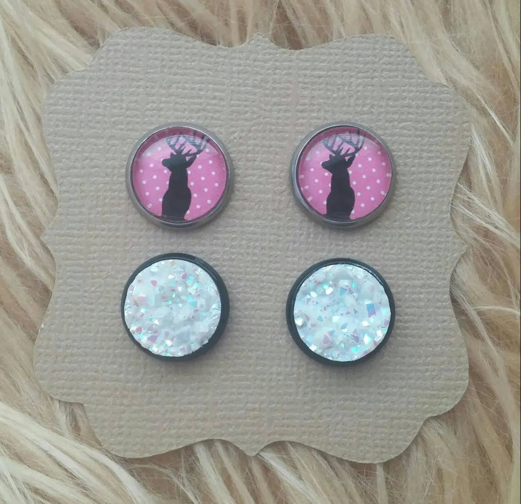 Pink Polka Dot Deer Head and White Iridescent Faux Druzy Hypoallergenic Stud
