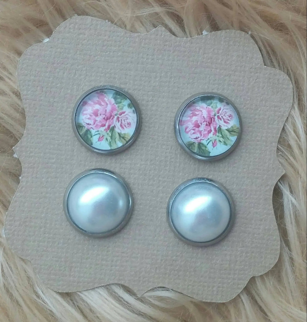 Pink & Blue Floral and Faux Pearl Cabochon Stainless Steel Hypoallergenic Stud