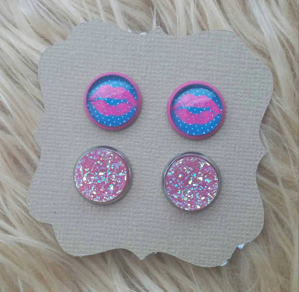 Polka Dot & Hot Pink Lips and Pink Iridescent Faux Druzy