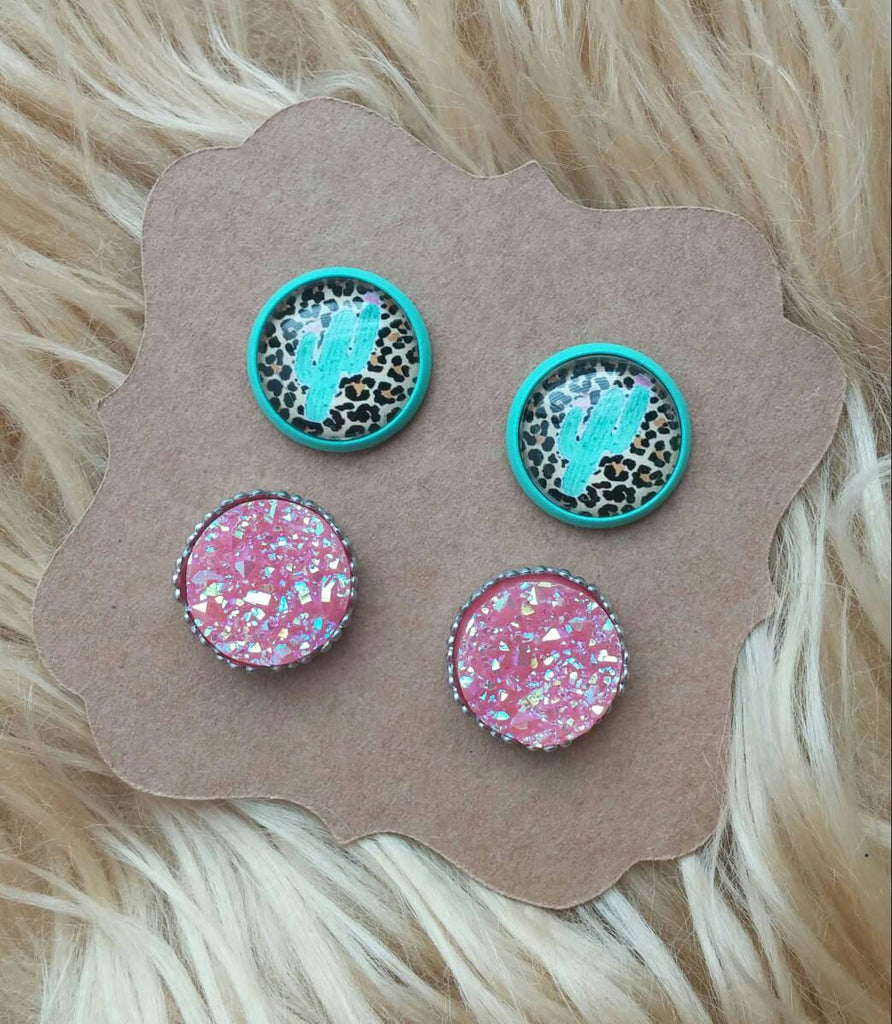 Mint Floral & Leopard Print Watercolor Cactus and Pink Iridescent Druzy Stainless Steel Hypoallergenic Earring Set