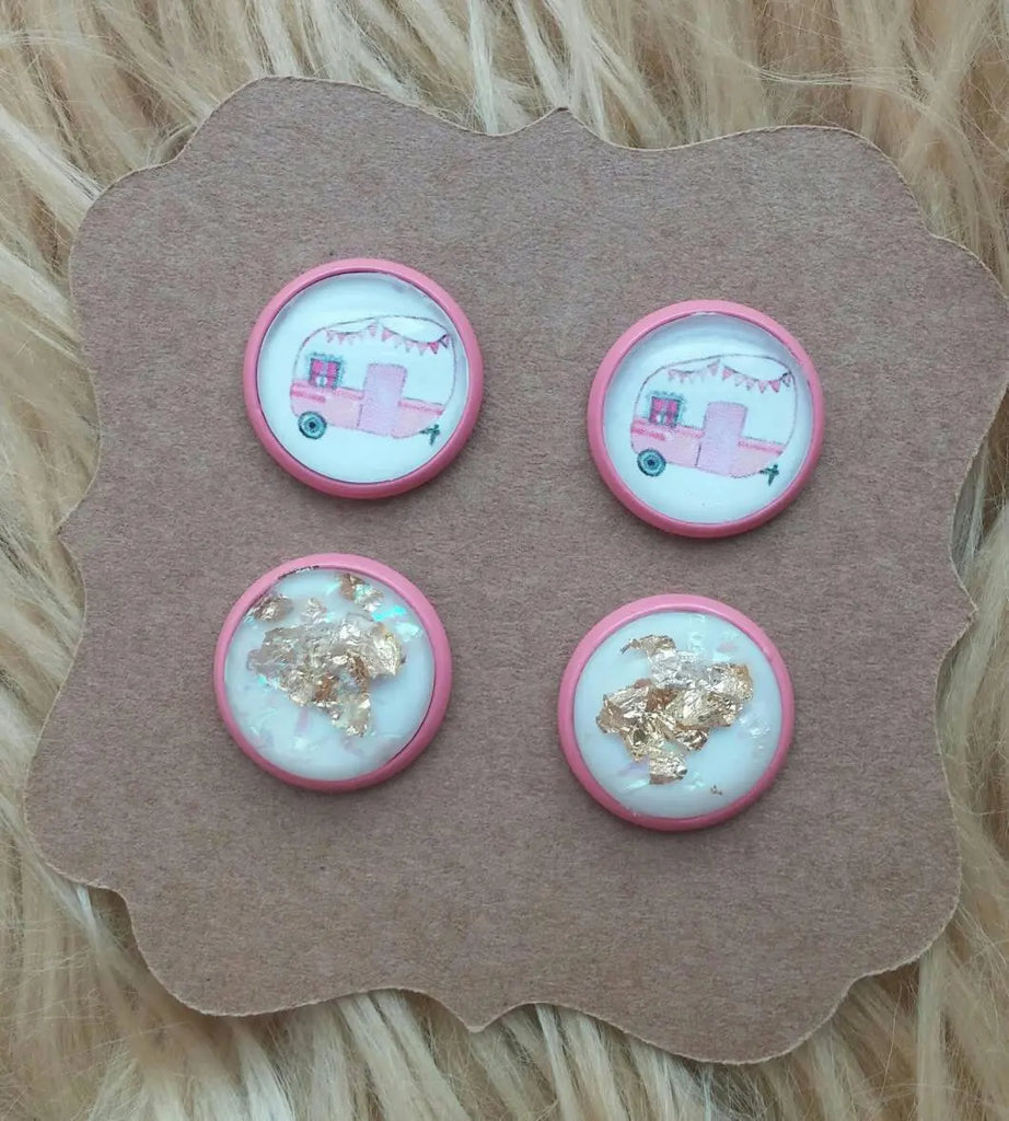 Pink Watercolor Camper and White Gold Flake Dome Pink Jewelry Stud Earrings