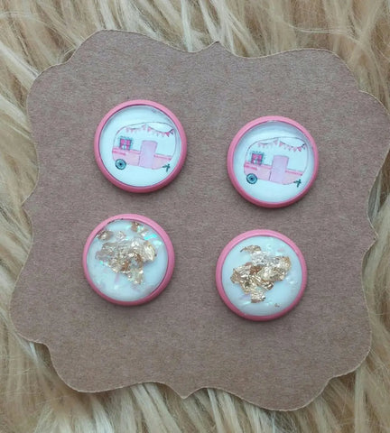 Pink Watercolor Camper and White Gold Flake Dome Pink Jewelry Stud Earrings