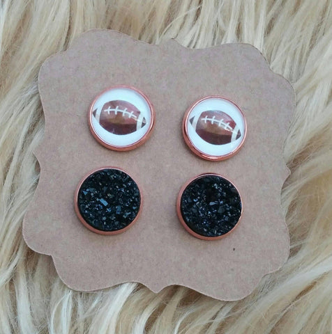 Watercolor Football & Black Ornate Crown Setting Faux Druzy Rose Gold Stud Earrings