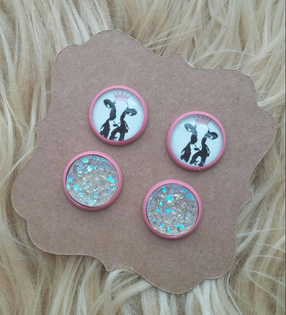 Cow Heifer with Pink Crown and Champagne Iridescent Faux Druzy Pink Coral Earring Setting Stud