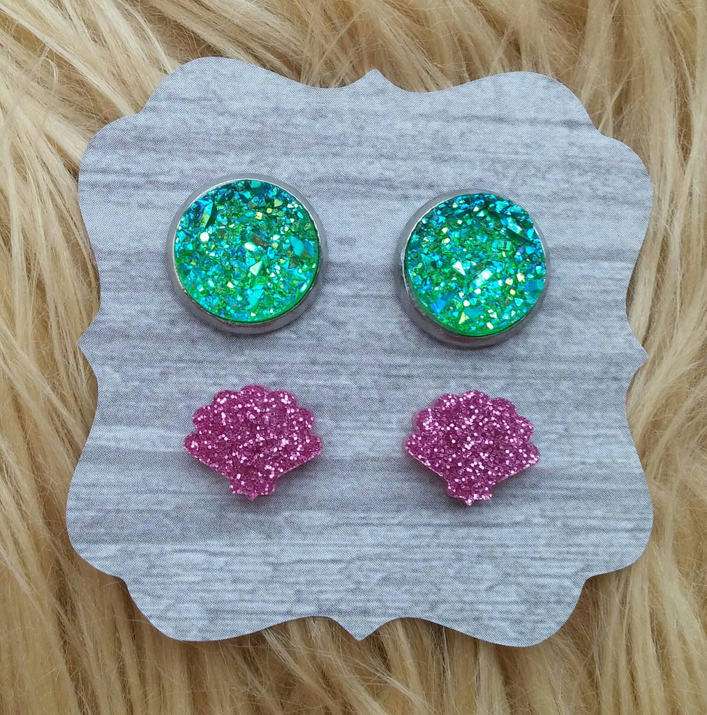 Purple Glitter Mermaid Shell and Green Faux Druzy Stainless Steel Hypoallergenic Stud Shimmer and Sparkle Earring Set