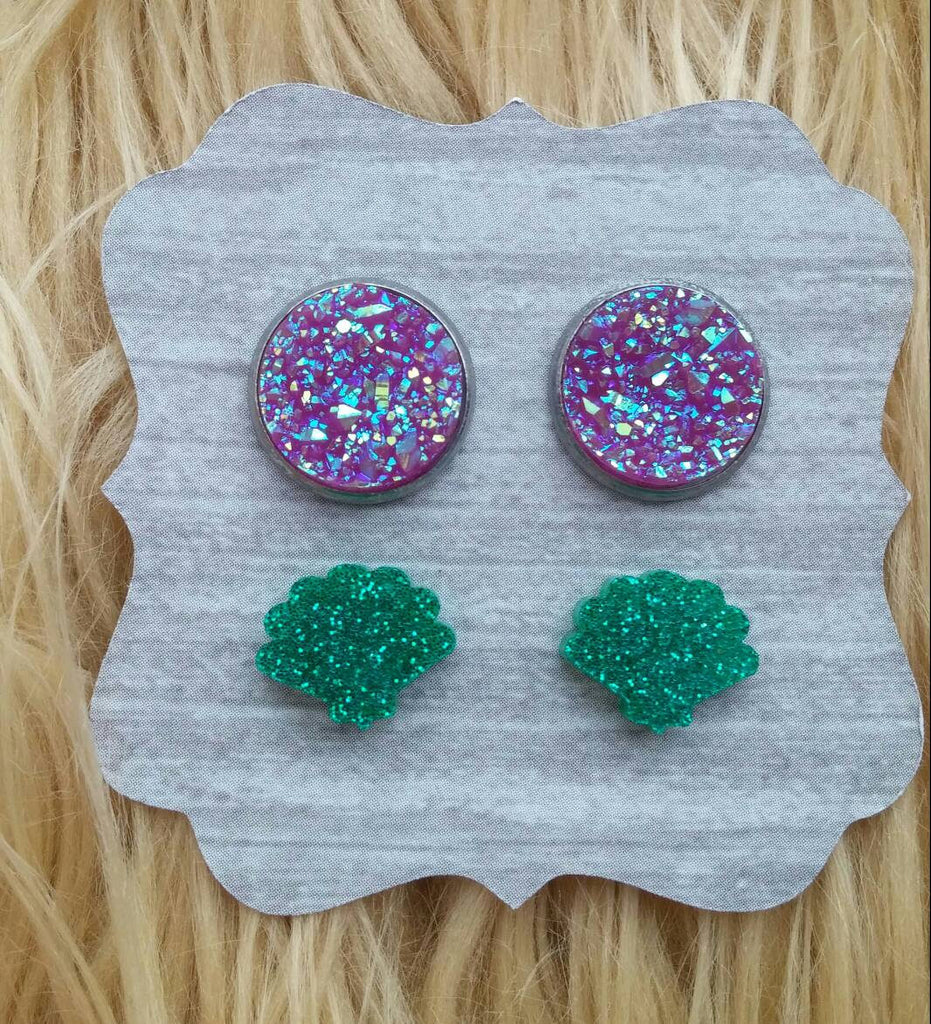 Green Glitter Mermaid Shell and Purple Faux Druzy Stainless Steel Hypoallergenic Stud Shimmer and Sparkle Earring Set