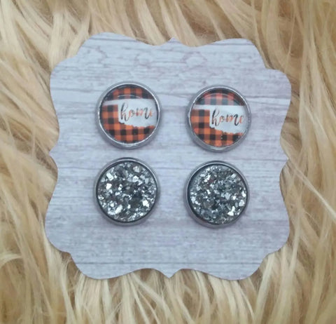 Orange Plaid OklaHOME and Smokey Gray Druzy Stainless Steel Hypoallergenic Stud Earrings