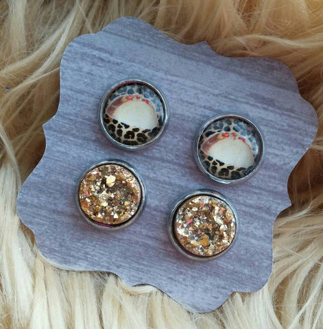 Taco Leopard Print and Gold Faux Druzy Stainless Steel Hypoallergenic Stud