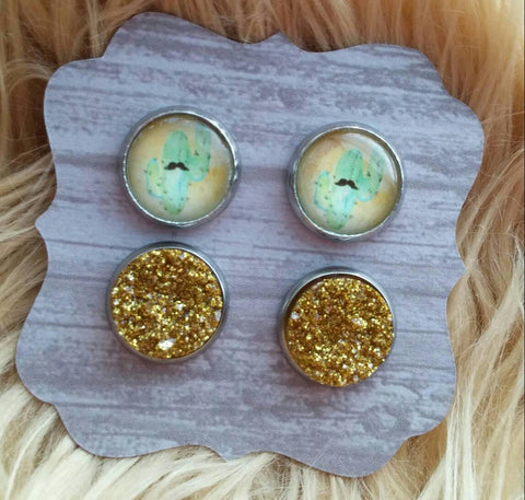 Watercolor Mustache Cactus and Gold Glitter Faux Druzy Stainless Steel Hypoallergenic Stud Shimmer and Sparkle Earrings