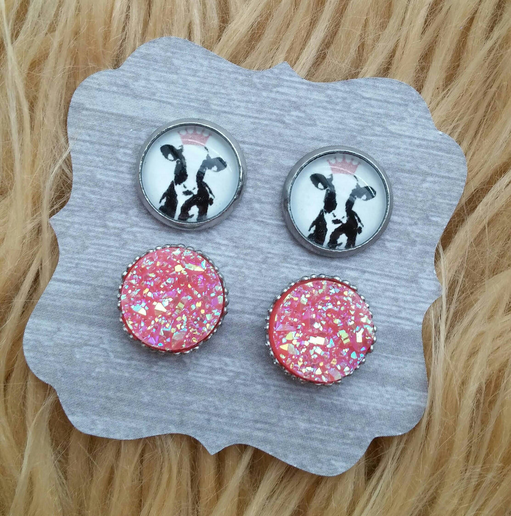 Cow Heifer with Pink Crown and Pink Iridescent Faux Druzy Stainless Steel Hypoallergenic Stud