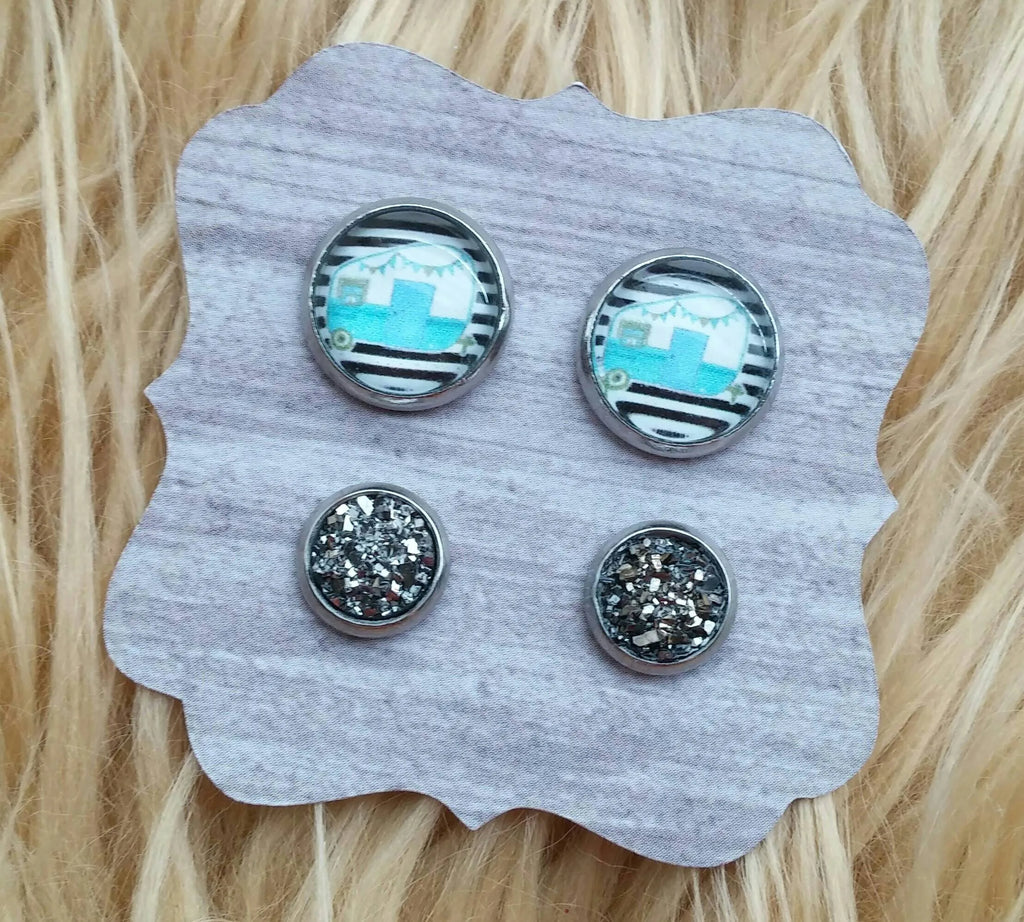 Light Blue Watercolor Camper with Black & White Stripe Background and Steel Gray 8mm Faux Druzy Stainless Steel Hypoallergenic Stud Earring Set