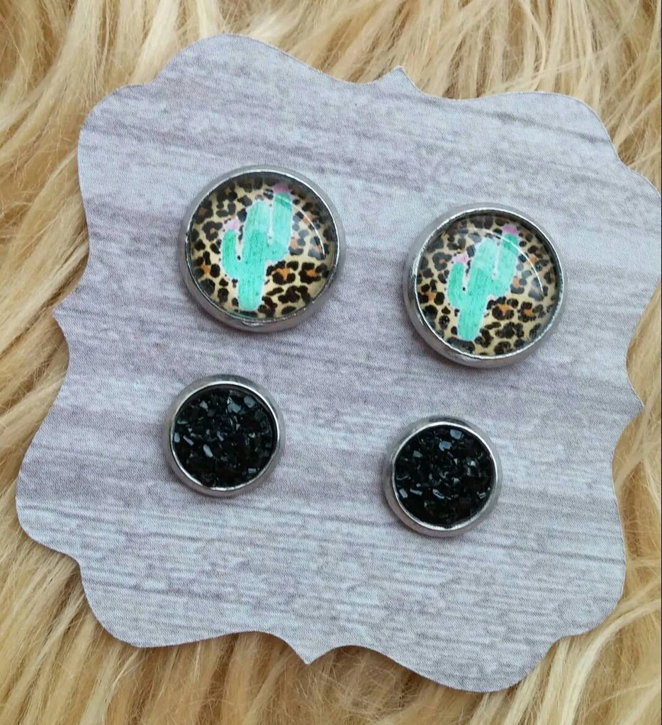 Floral & Leopard Print Watercolor Cactus and Black 8mm Faux Druzy Stainless Steel Hypoallergenic Earrings Cactus Stud Set