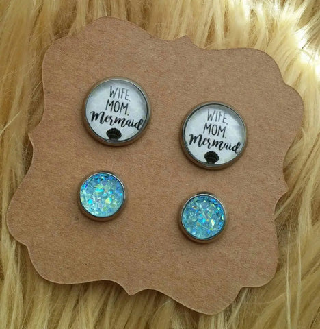 Wife. Mom. Mermaid. and Mint Green Faux Druzy Mermaid Mermama Merbabe Beach Vibes Stainless Steel Hypoallergenic Stud Earrings