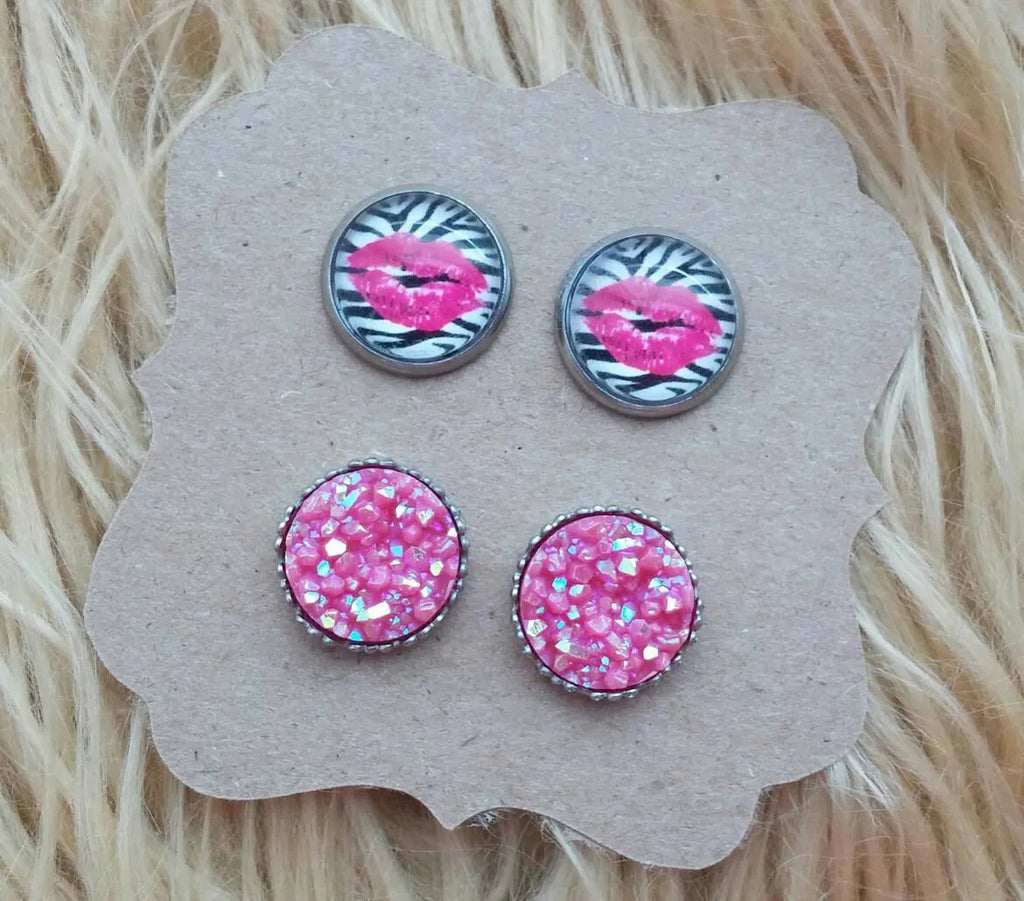 Zebra Print & Hot Pink Lips and Pink Iridescent Faux Druzy Stainless Steel Hypoallergenic Stud