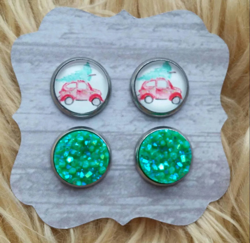 Red and Green Watercolor Christmas Bug Beetle Car and Green Faux Druzy Stainless Steel Hypoallergenic Stud