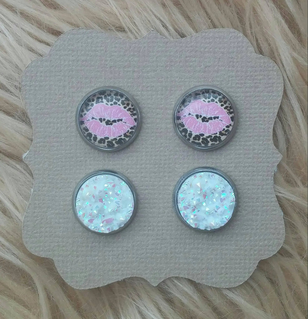 Leopard Print & Light Pink Lips and White Iridescent Druzy Stainless Steel Hypoallergenic Stud