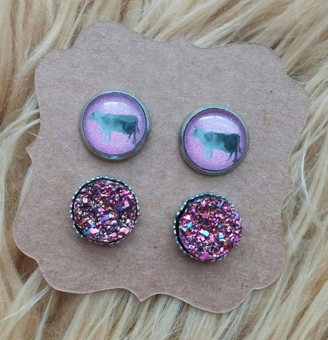 Watercolor Cow Heifer & Purple Pink Iridescent Ornate Faux Druzy Stainless Steel Hypoallergenic Stud